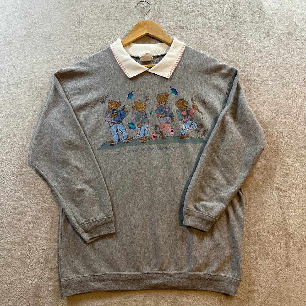 Vintage Bobbie Brooks Women’s Large Gray Pullover Collared Sweatshirt Grandma